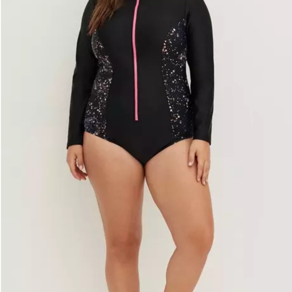 Torrid Black and Pink One-Piece Rash Guard swimsuit